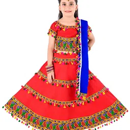 ahhaaaa Girls Orange & Blue Embroidered Ready to Wear Lehenga & Blouse With Dupatta-image-67