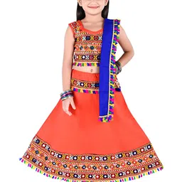 ahhaaaa Girls Orange & Blue Embellished Ready to Wear Lehenga & Blouse With Dupatta-image-68