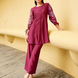 AUTUMN LANE Floral Embroidered Round Neck Top And Trouser-picture-1