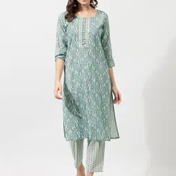 KALINI Grey Ethnic Motifs Printed Gotta Patti Pure Cotton Kurta with Trousers-picture-12