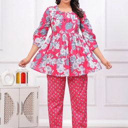 CELEBRAVO Women Floral Printed Regular Pure Cotton Kurta with Trousers-image-93