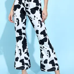 Tokyo Talkies Women White Animal Printed Flared Trousers-image-95
