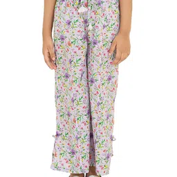 The Tribe Kids Girls Mid-Rise Floral Print Pure Cotton Flared Parallel Trousers With Belt-image-31