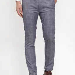 JAINISH Men Blue Checked Smart Tapered Fit Formal Trousers-image-76