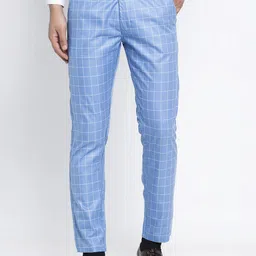 JAINISH Men Blue Checked Smart Tapered Fit Formal Trousers-image-70