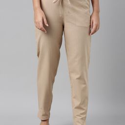 Go Colors Women Beige Linen Striped Cigerette Trousers-image-62