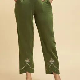 W Women Green Embroidered Straight Fit Trousers-image-85