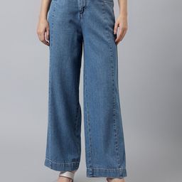 Xpose Women Comfort Straight Fit High Rise Pure Cotton Denim Trousers-image-21