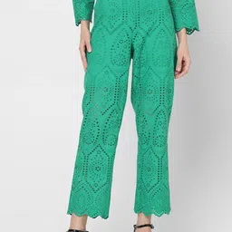 Vero Moda Women Green Slim Fit High-Rise Pure Cotton Schiffli Parallel Trouser-image-86