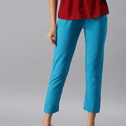 De Moza Women Teal Pencil Slim Fit Pleated Trousers-image-31