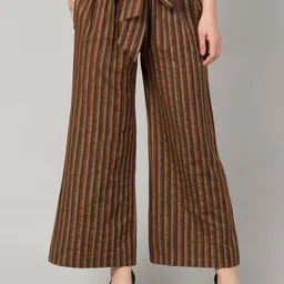 Zuvino Women Striped Smart Easy Wash Cotton Pleated Parallel Trousers-picture-13
