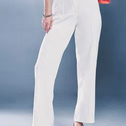 AND Women Straight Fit Mid-Rise Pleated Plain Bootcut Trousers-image-99