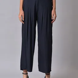 W Women Blue Cropped Pleated Trousers-image-13