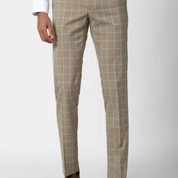 Peter England Men Khaki Checked Slim Fit Trousers-image-10