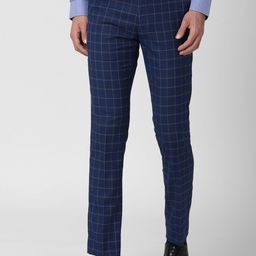 Peter England Elite Men Navy Blue Checked Slim Fit Trousers-image-94