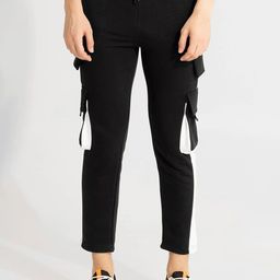 Snitch Men Black Smart Slim Fit Cotton Cargo Trousers-image-75