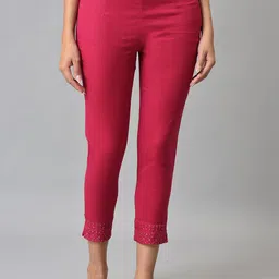 W Women Fuchsia Slim Fit Cropped Cigarette Trousers-image-8