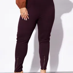 SASSAFRAS Curve Women Plus Size Burgundy Slim Fit Zip Detail Regular Trousers-picture-47
