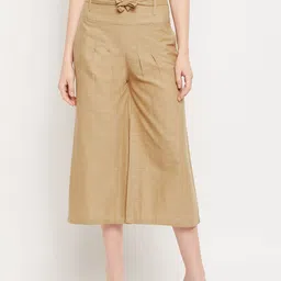 Clora Creation Women Beige Smart Easy Wash Pleated Cotton Culottes Trousers-image-25