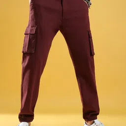 Campus Sutra Mens Maroon Relaxed Regular Fit Cotton Joggers Trousers-image-6