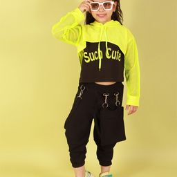 Ameeha Girls Black & Yellow Typography Printed Hooded Top with Trousers With Pouch-image-73