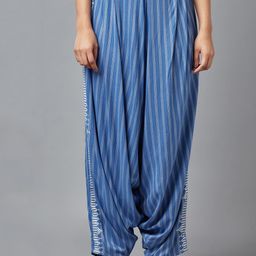 W Women Blue & White Loose Fit Striped Cotton Linen Drop Crotch Trousers-image-56