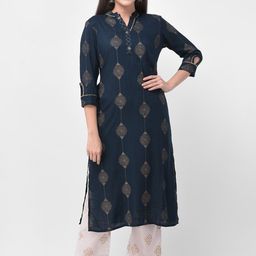 Pistaa Women Blue & White Ethnic Motifs Foil Printed Gotta Patti Kurta with Trousers-image-65
