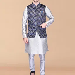 PRINTCULTR Woven Design Regular Pure Silk Kurta & Trousers With Nehru jacket-image-49