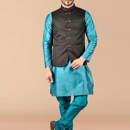 PRINTCULTR Long Sleeves Pure Silk Kurta with Trousers And Nehru jacket-image-22