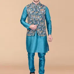 PRINTCULTR Mandarin Collar Pure Silk Straight Kurta With Pyjamas & Nehru jacket-picture-19