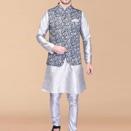 PRINTCULTR Long Sleeves Pure Silk Kurta with Trousers And Floral Printed Nehru jacket-picture-12