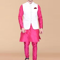 PRINTCULTR Mandarin Collar Regular Pure Silk Kurta With Churidar & Nehru Jacket-image-60
