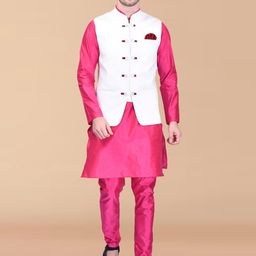 PRINTCULTR Pure Silk Mandarin Collar Kurta With Trousers & Nehru jacket-image-21