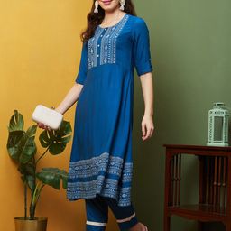 Globus Blue Ethnic Motifs Printed Round Neck Regular Flared A-Line Kurta With Trouser-0
