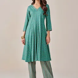 Global Desi Ethnic Motifs Printed Regular A-Line Kurta With Trousers-1