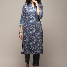 Biba Floral Printed Band Collar Kurta with Trousers-image-86