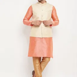VASTRAMAY Mandarin Collar Straight Kurta with Trousers & Nehru Jacket-image-36
