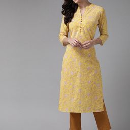 anayna Women Yellow & Rust Floral Printed Pure Cotton Kurta with Trousers-picture-19