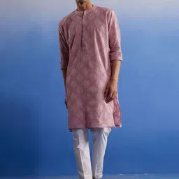 SHVAAS by VASTRAMAY Men Schiffli Embroidered Cotton Kurta With Pyjama-image-45