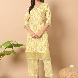 FIORRA Women Floral Printed Regular Pure Cotton Kurta with Trousers-16