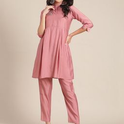 Varanga Women Rose Ethnic Motifs Yoke Design Pure Silk Kurti with Trousers-image-56