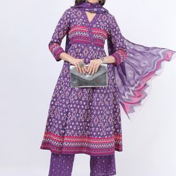 Vishudh Women Purple Printed Empire Pure Cotton Anarkali Kurta With Trousers And Dupatta-55