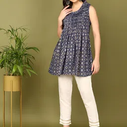 HERE&NOW Blue Ethnic Motifs Printed A-line Pure Cotton Kurti with Trousers-picture-24