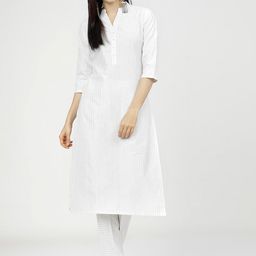 Vishudh Women White Striped Regular Pure Cotton Kurta with Trousers-image-58