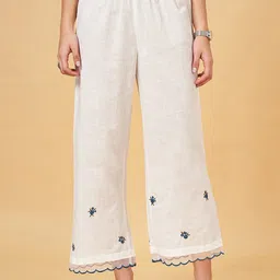 RANGMANCH BY PANTALOONS Women Floral Embroidered Cropped Cotton Parallel Trousers-picture-34