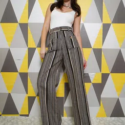 StyleAsh Women Striped Relaxed Cotton High-Rise Trousers-image-5