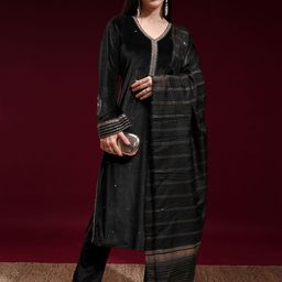 Vishudh Women Floral Embroidered Regular Velvet Kurta with Trousers & With Dupatta-picture-20