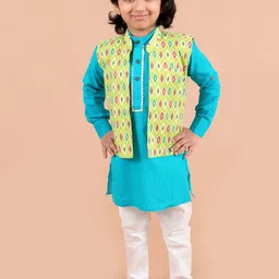 LIL PITAARA Boys Blue Embroidered Pure Cotton Kurta Trousers with Nehru jacket-19
