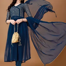 TextileNow Ethnic Motifs Printed Anarkali Kurta with Trousers & With Dupatta image 3