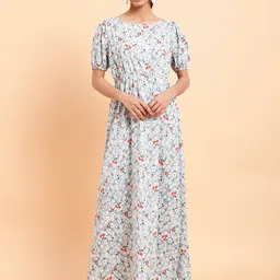 MINT STREET Puff Sleeves Floral Print Crepe Blouson Dress-image-79